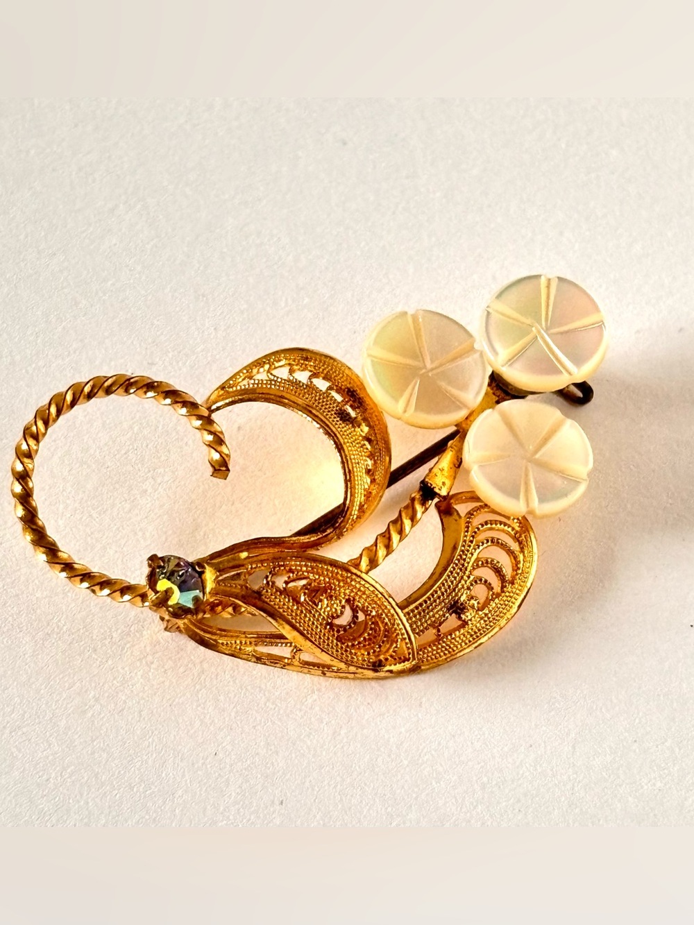 Vintage mother of pearl and filigree abstract modernist floral design brooch